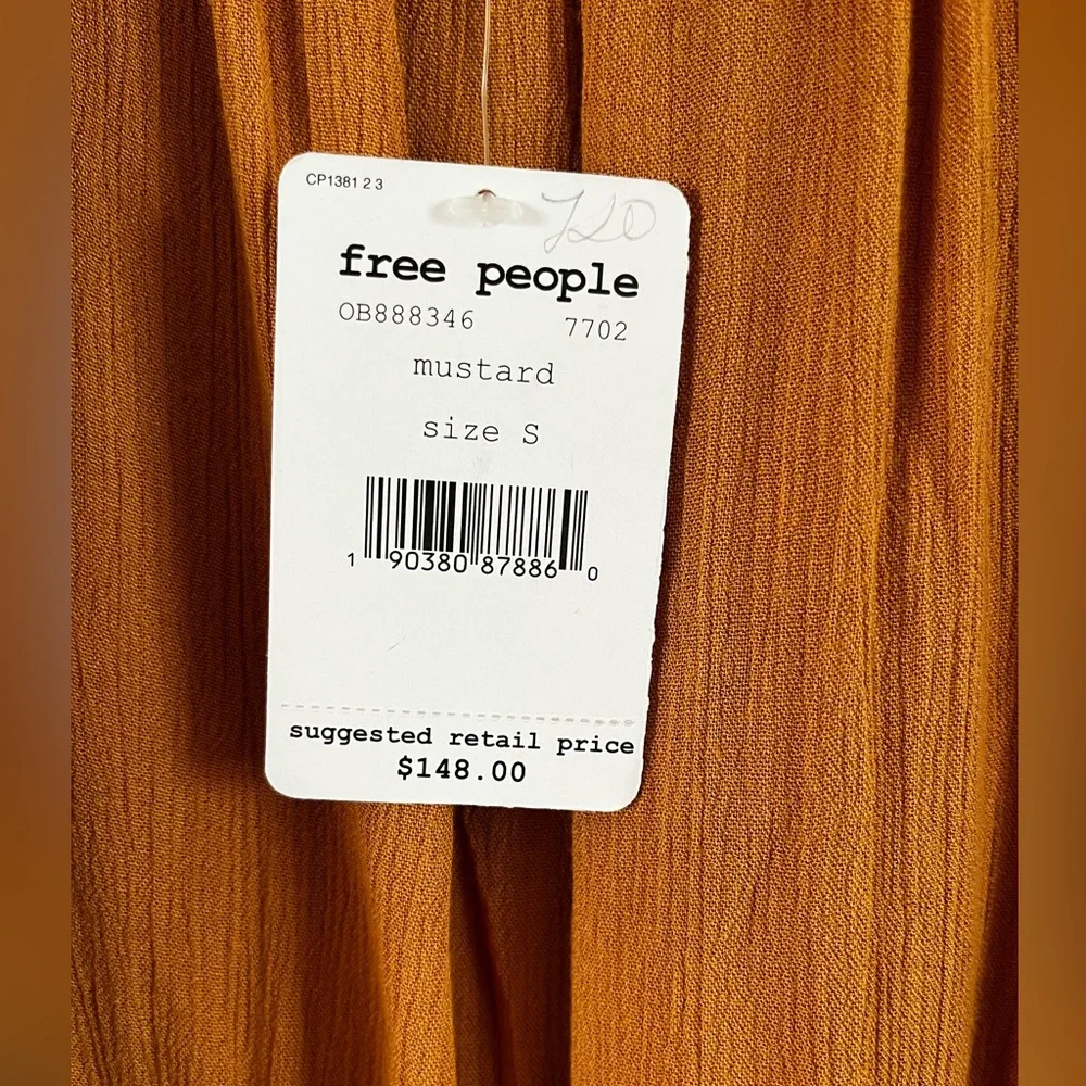 NWT Free People Mustard Yellow Bishop Sleeve Sundress Embroidered Small Mini